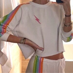 Aviator Nation Rainbow Stripe Cropped Sweatshirt Lightning Bolt Size S